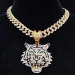 13mm Crystal Cuban Link Chain with 3D Tiger Pendant