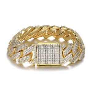 19mm Brass 18K Gold Plating Diamond Cuban Link Bracelet