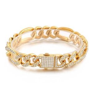 Stainless Steel Gold Miami Cuban Link Bracelets with Full Rhinestone for Men